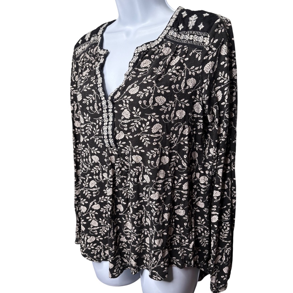 LUCKY BRAND Womens Black Floral Embroidered Peasant Blouse Sz S Boho Embellished